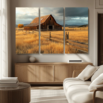16480179-MGV-CV-36X24-Farmhouse Wall Art – Rustic Barn and Golden Field Canvas Print, Country Landscape Photography Decor for Bedroom, Living Room,