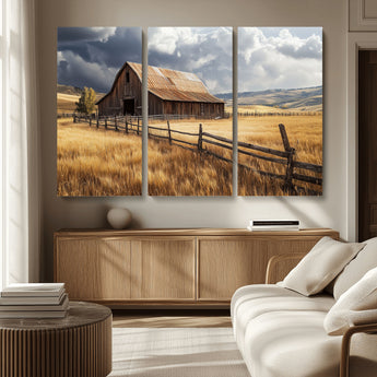 23718739-MGV-CV-36X24-Farmhouse Wall Art – Rustic Barn and Golden Wheat Field Canvas Print, Country Landscape Photography Decor for Bedroom, Living