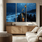 48300530-MGV-CV-36X24-Night Pier Wall Art – Moody Ocean Boardwalk Canvas Print, Impressionist Coastal Seascape Painting Decor for Living Room, Office,