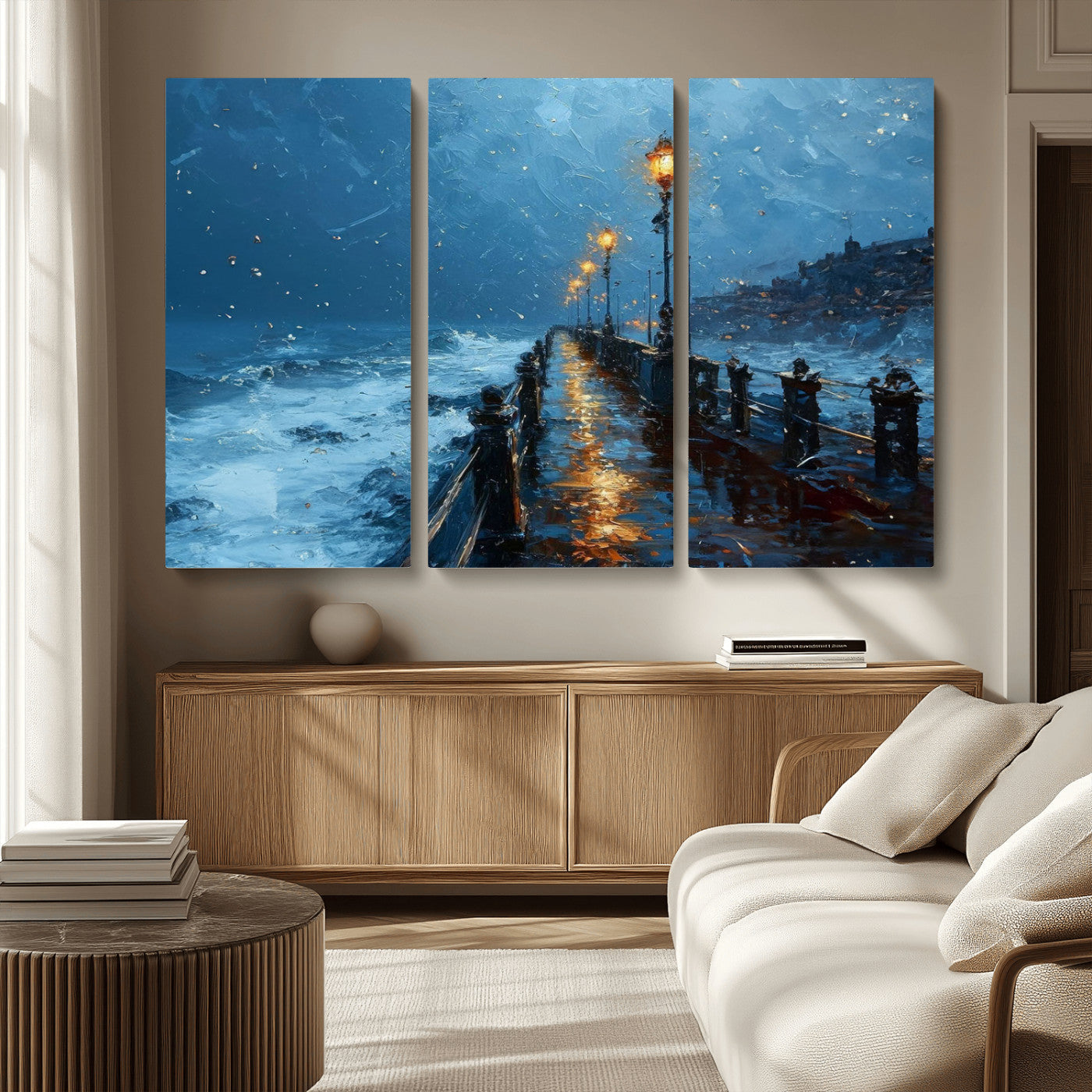 93793246-MGV-CV-36X24-Stormy Night Pier Canvas Wall Art – Moody Ocean Landscape with Lights, Blue Coastal Seascape Print for Bedroom, Living Room,