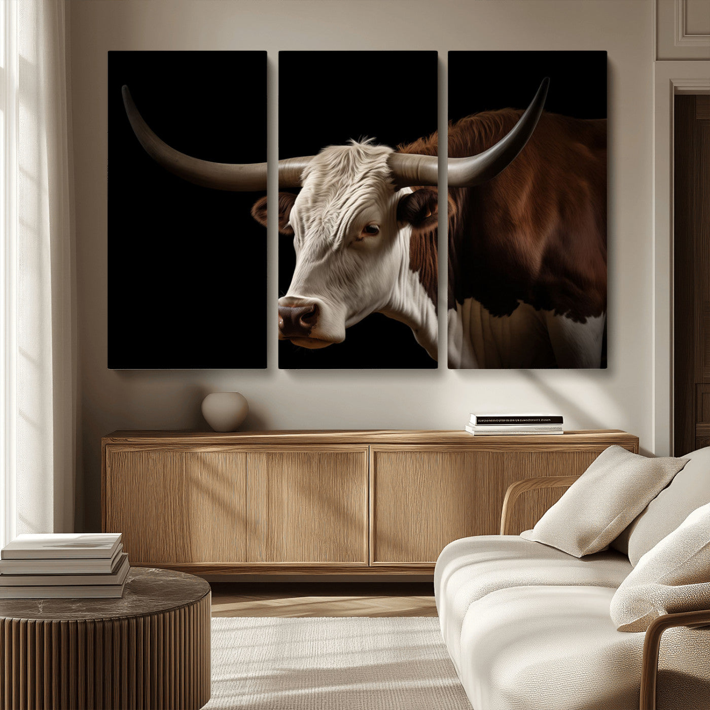 27414857-MGV-CV-36X24-Longhorn Bull Wall Art – Dramatic Western Steer Portrait Canvas Print, Rustic Farmhouse Animal Decor for Living Room, Office, or