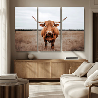 16316734-MGV-CV-36X24-Texas Longhorn Wall Art – Rustic Bull Portrait Canvas Print, Western Farmhouse Animal Photography Decor for Living Room, Office,