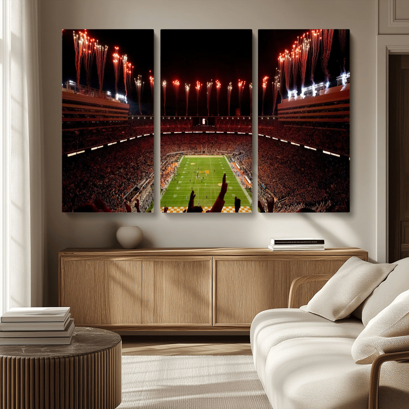 73358115-MGV-CV-36X24-Tennessee Volunteers Wall Art – Neyland Stadium Fireworks Night Game Canvas Print, Vols Football Checkerboard Endzone Sports Decor