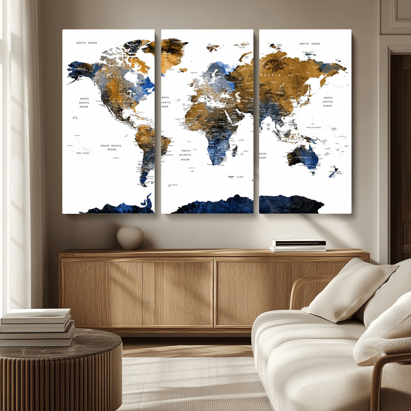 MGV-CV-48X32-3P - World Map Wall Art Canvas Print, Framed Blue Gold Map Art Picture Print, Rustic Atlas Perfect Rustic Modern Decor Artwork