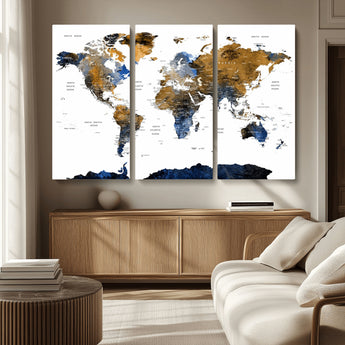 MGV-CV-48X32-3P - World Map Wall Art Canvas Print, Framed Blue Gold Map Art Picture Print, Rustic Atlas Perfect Rustic Modern Decor Artwork