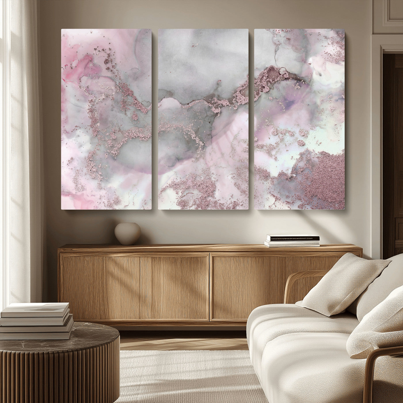 16416-MGV-CV-36X24-Blush Marble Wall Art Canvas Print, Framed Rose Gold Art Picture Print, Pink Cloudy Perfect Modern Glam Decor Artwork