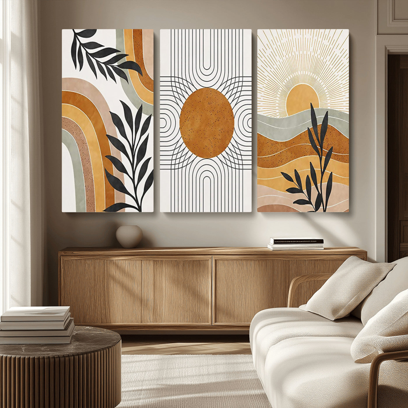32359-MGV-CV-48X32-3P-Modern Sun Wall Art Canvas Print, Framed Retro Horizon Art Picture Print, Sunburst Design Perfect Mid Century Boho Decor Artwork