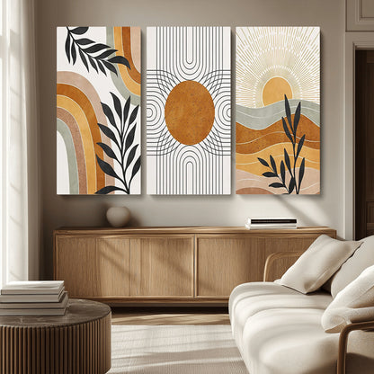 32359-MGV-CV-48X32-3P-Modern Sun Wall Art Canvas Print, Framed Retro Horizon Art Picture Print, Sunburst Design Perfect Mid Century Boho Decor Artwork