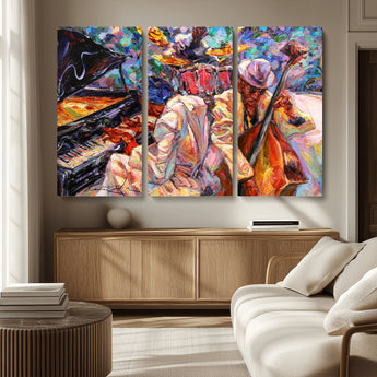 13675-MGV-CV-36X24-Jazz Band Wall Art Canvas Print, Framed Jazz Oil Painting Art Picture Print, Vibrant Music Perfect Abstract Musical Decor Artwork