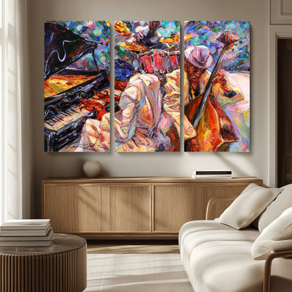 13675-MGV-CV-36X24-Jazz Band Wall Art Canvas Print, Framed Jazz Oil Painting Art Picture Print, Vibrant Music Perfect Abstract Musical Decor Artwork