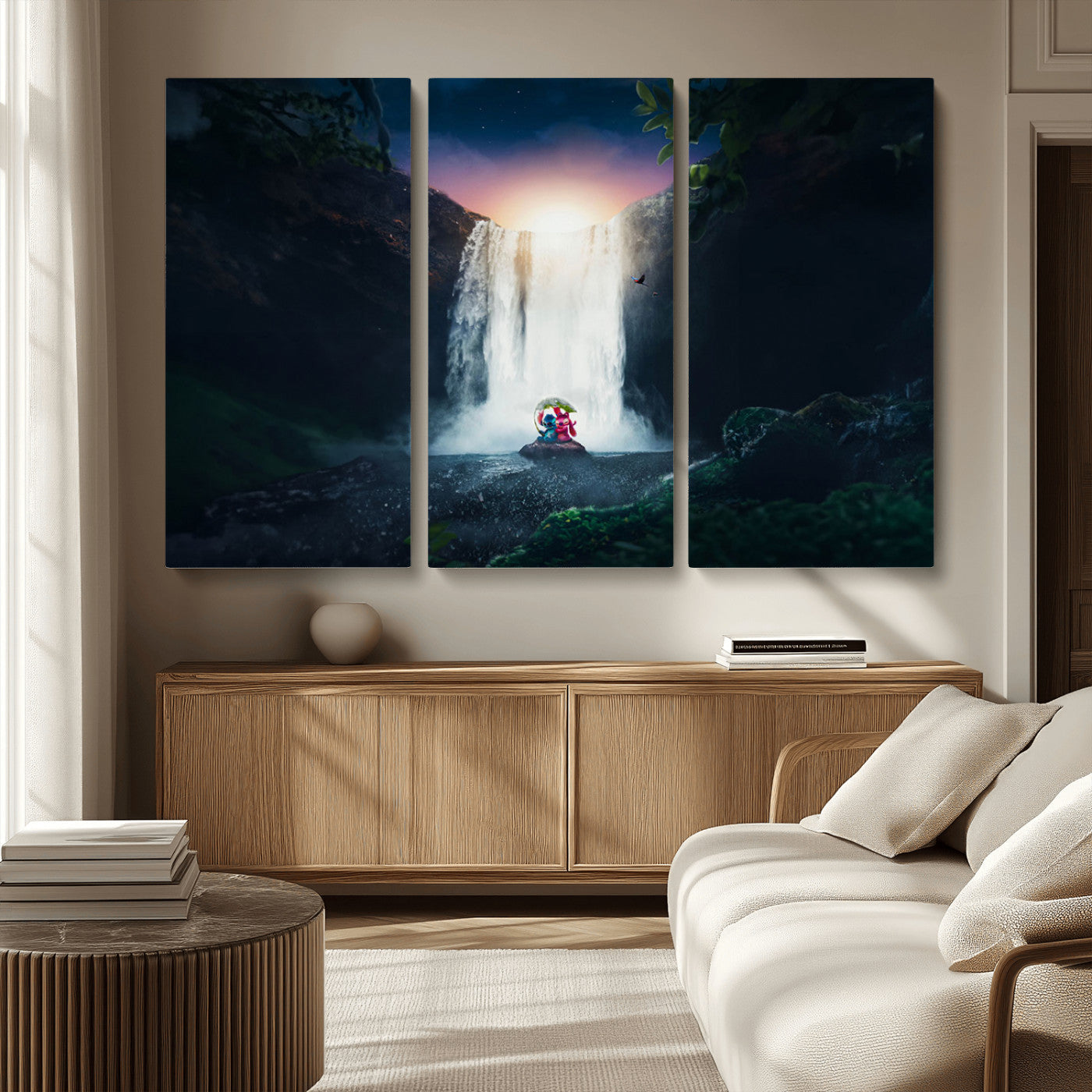 56359-MGV-CV-36X24-Lilo Stitch Wall Art Canvas Print, Framed Stitch Angel Art Picture Print, Cartoon Waterfall Perfect Tropical Fantasy Decor Artwork