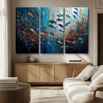 89626-MGV-CV-36X24-Fish Swarm Wall Art Canvas Print, Framed Abstract Ocean Art Picture Print, Underwater Life Perfect Vibrant Coastal Decor Artwork