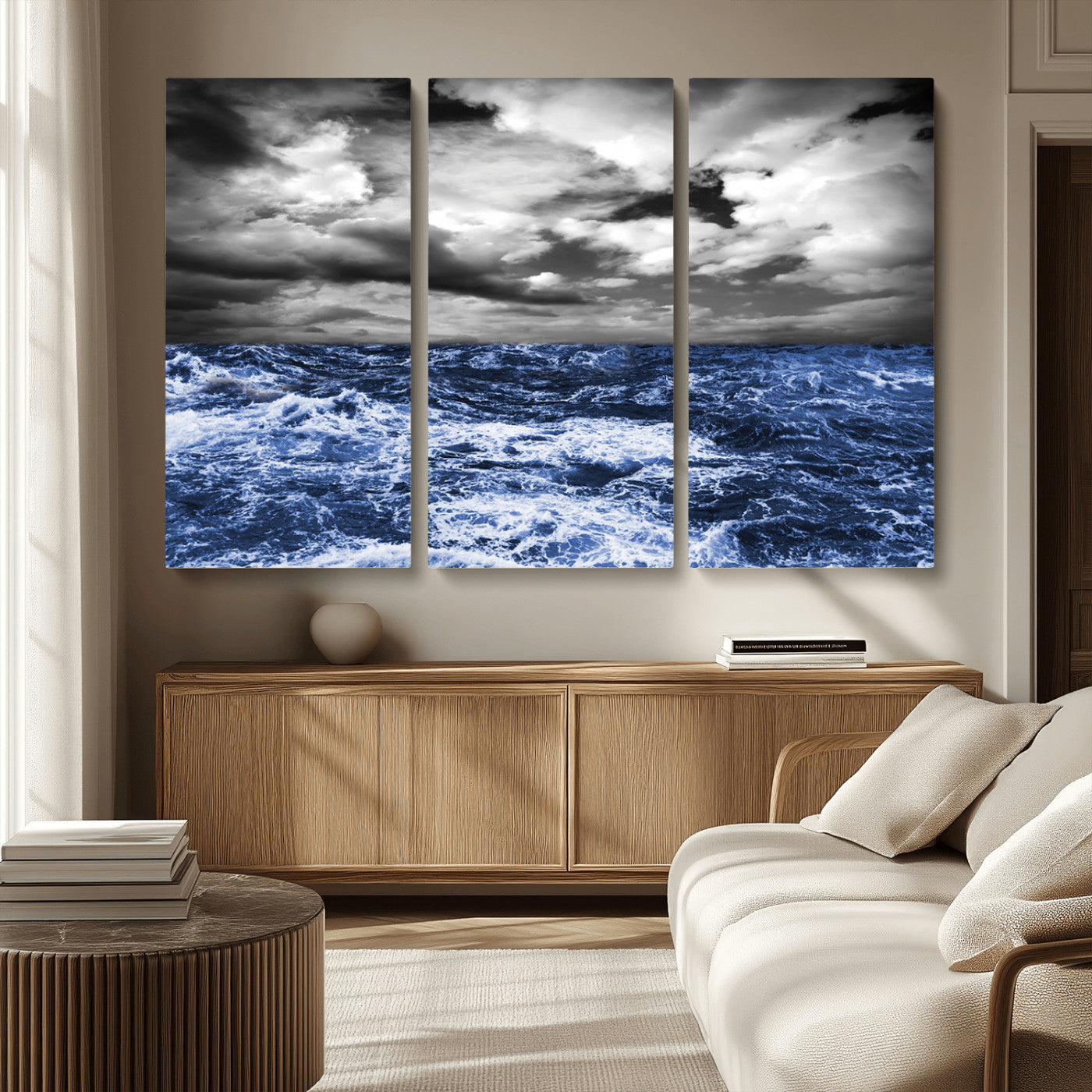 91043-MGV-CV-36X24-Stormy Ocean Wall Art Canvas Print, Framed Moody Seascape Art Picture Print, Monochrome Sea Perfect Coastal Drama Decor Artwork