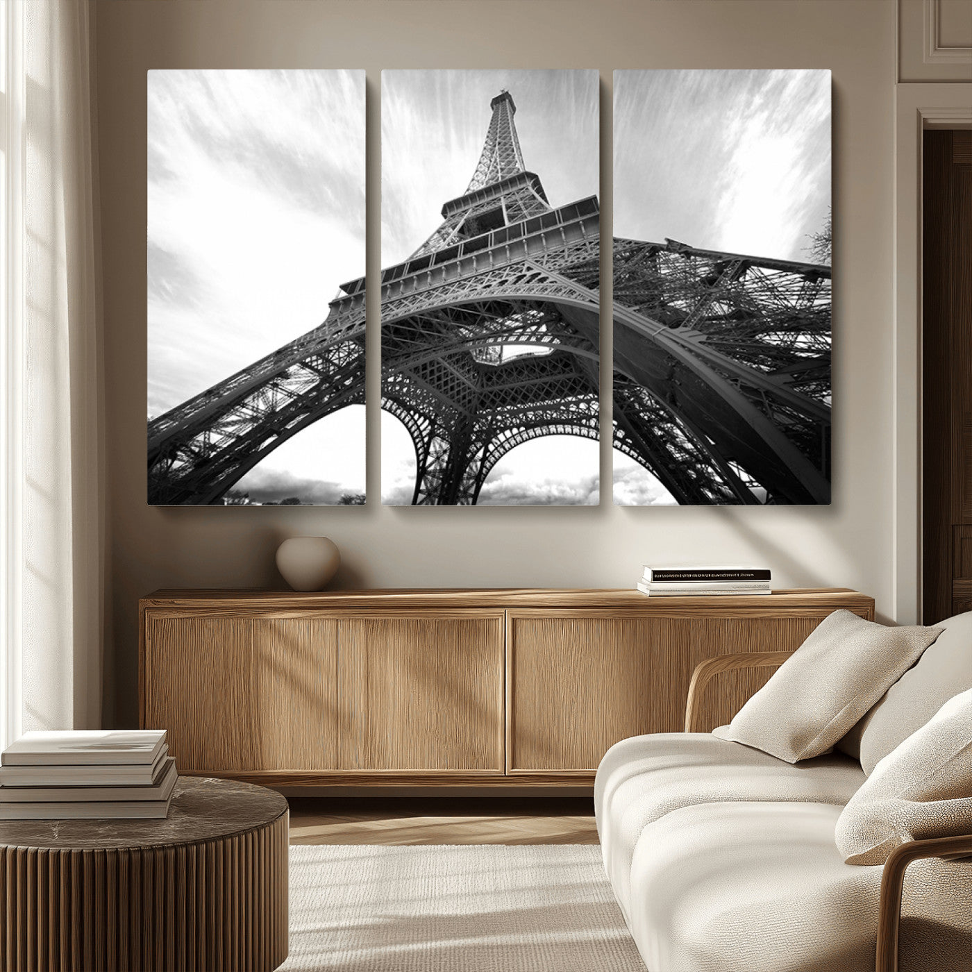 40006-MGV-CV-48X32-3P-Eiffel Tower Wall Art – Black and White Architectural Photo Print, Paris Inspired Decor for Bedroom, Office, Studio or Modern