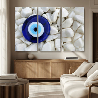 48883-MGV-CV-36X24-Evil Eye Wall Art – Deep Blue Symbol of Presence and Calm on White Stones, Subtle Spiritual Decor for Entryway, Studio, Office or