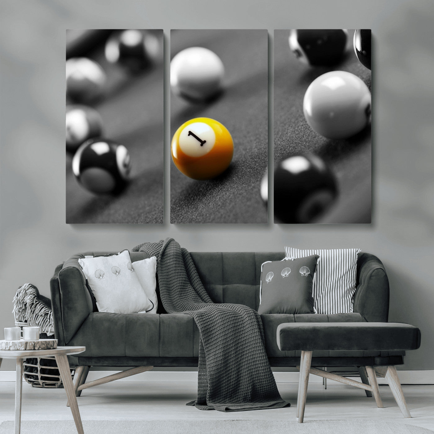 52108-MGV-CV-48X32-3P-Precision Pool Table Wall Art – Close Up Yellow 1 Ball Canvas Print, Hand-Played Billiards Game Decor for Office, Game Room, or