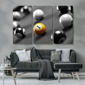 52108-MGV-CV-48X32-3P-Precision Pool Table Wall Art – Close Up Yellow 1 Ball Canvas Print, Hand-Played Billiards Game Decor for Office, Game Room, or