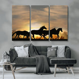 16620-MGV-CV-48X32-3P-Sunset Stallions Wall Art – Silhouetted Horses Running Canvas Print, Nature’s Rhythm, Perfect for Living Room, Office, or Man Cave