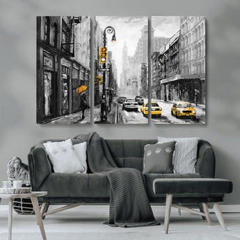 32362-MGV-CV-36X24-NYC Street Wall Art – Black and White Cityscape with Yellow Taxis and Umbrella Canvas Print, Urban Home Decor for Living Room or