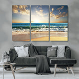 13139-MGV-CV-36X24-Sunrise Beach Wall Art – Ocean Waves and Golden Sand Canvas Print, Coastal Home Decor for Living Room, Bedroom, or Office