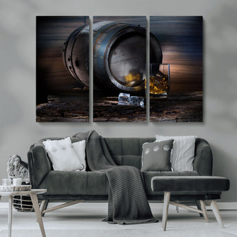 78049-MGV-CV-36X24-Whiskey Barrel Wall Art – Rustic Whiskey Barrel and Glass with Ice Canvas Print, Classic Bar or Lounge Decor for Home, Office, or