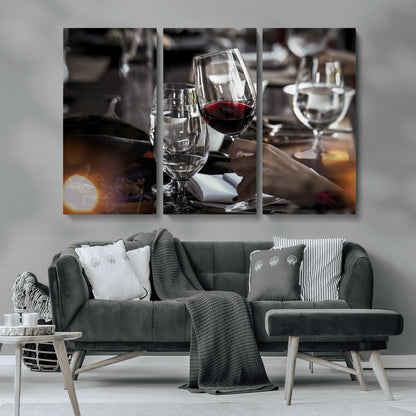 75513-MGV-CV-36X24-Elegant Wine Toast Wall Art – Close-Up Red Wine Glass at Dinner Table Canvas Print, Sophisticated Dining Room or Bar Decor