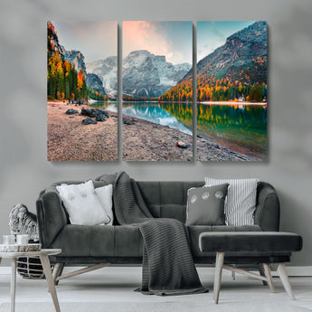 25982-MGV-CV-36X24-Autumn Mountain Lake Wall Art – Panoramic Fall Foliage and Snowy Peaks Canvas Print, Scenic Nature Decor for Living Room or Office