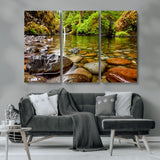 98096-MGV-CV-36X24-Serene River Waterfall Nature Photo – Calm Clear Water, Vibrant Green Forest and Smooth Stones Landscape Wall Art for Home or