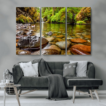 98096-MGV-CV-36X24-Serene River Waterfall Nature Photo – Calm Clear Water, Vibrant Green Forest and Smooth Stones Landscape Wall Art for Home or