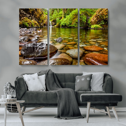 98096-MGV-CV-36X24-Serene River Waterfall Nature Photo – Calm Clear Water, Vibrant Green Forest and Smooth Stones Landscape Wall Art for Home or