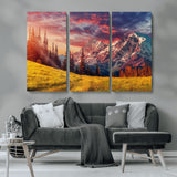 83947-MGV-CV-36X24-Sunset Mountain Landscape Wall Art – Panoramic Alpine Meadow and Snow Capped Peaks Canvas Print, Nature Scenic Decor for Home,
