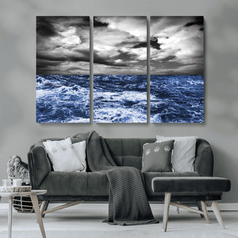 36012-MGV-CV-36X24-Dramatic Stormy Ocean Waves Black and White with Deep Blue Highlights – Moody Seascape Wall Art, Nature Photography Print for Home