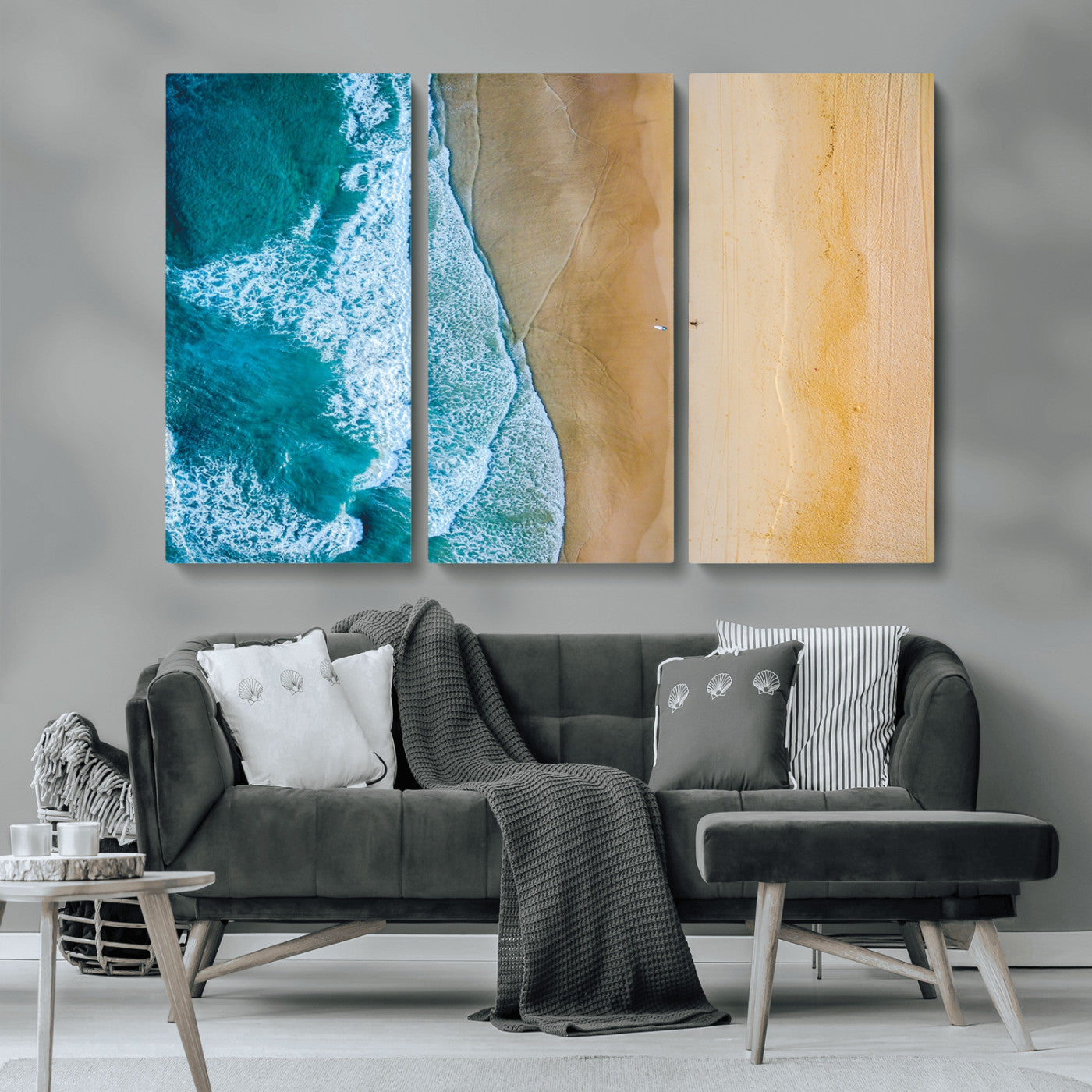 46640-MGV-CV-36X24-Aerial Beach Wall Art – Turquoise Waves and Golden Sand Canvas Print with Lone Surfer, Coastal Ocean Decor for Living Room,