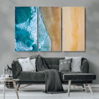 46640-MGV-CV-36X24-Aerial Beach Wall Art – Turquoise Waves and Golden Sand Canvas Print with Lone Surfer, Coastal Ocean Decor for Living Room,