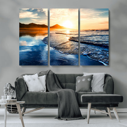 86173-MGV-CV-36X24-Golden Sunset Beach Wall Art – Reflective Ocean Canvas Print with Mountains and Waves, Coastal Nature Decor for Living Room,