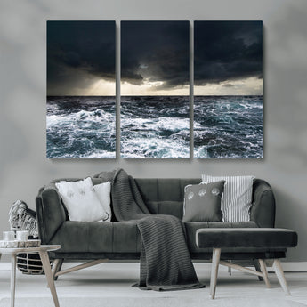 42607-MGV-CV-36X24-Stormy Ocean Wall Art – Dramatic Sea and Sky Canvas Print with Sun Rays, Moody Nature Decor for Living Room, Office, Bedroom or