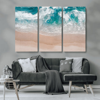 39236-MGV-CV-36X24-Ocean Beach Wall Art – Aerial View of Waves and Sand Canvas Print, Coastal Home Decor for Living Room, Bedroom, Office or Beach