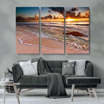 38302-MGV-CV-36X24-Sunset Beach Wall Art – Stunning Ocean Waves and Rock Canvas Print, Warm Coastal Decor for Living Room, Bedroom, Office or Beach