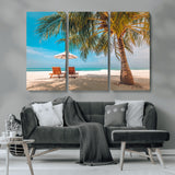 69754-MGV-CV-36X24-Tropical Beach Wall Art – Relaxing Palm Tree and Lounge Chairs Canvas Print, Serene Coastal Decor for Living Room, Bedroom, Office