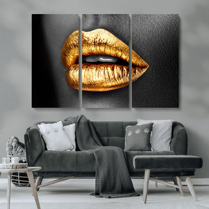 84747-MGV-CV-36X24-Golden Lips Black & White Portrait – Glamorous Metallic Lip Art Print, Modern Wall Decor for Bedroom, Beauty & Fashion Lover Gift