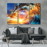 52890-MGV-CV-36X24-Surfing Wave Wall Art Canvas Print, Framed Sunset Ocean Art Picture Print, Ocean Wave Perfect Nautical Decor Artwork