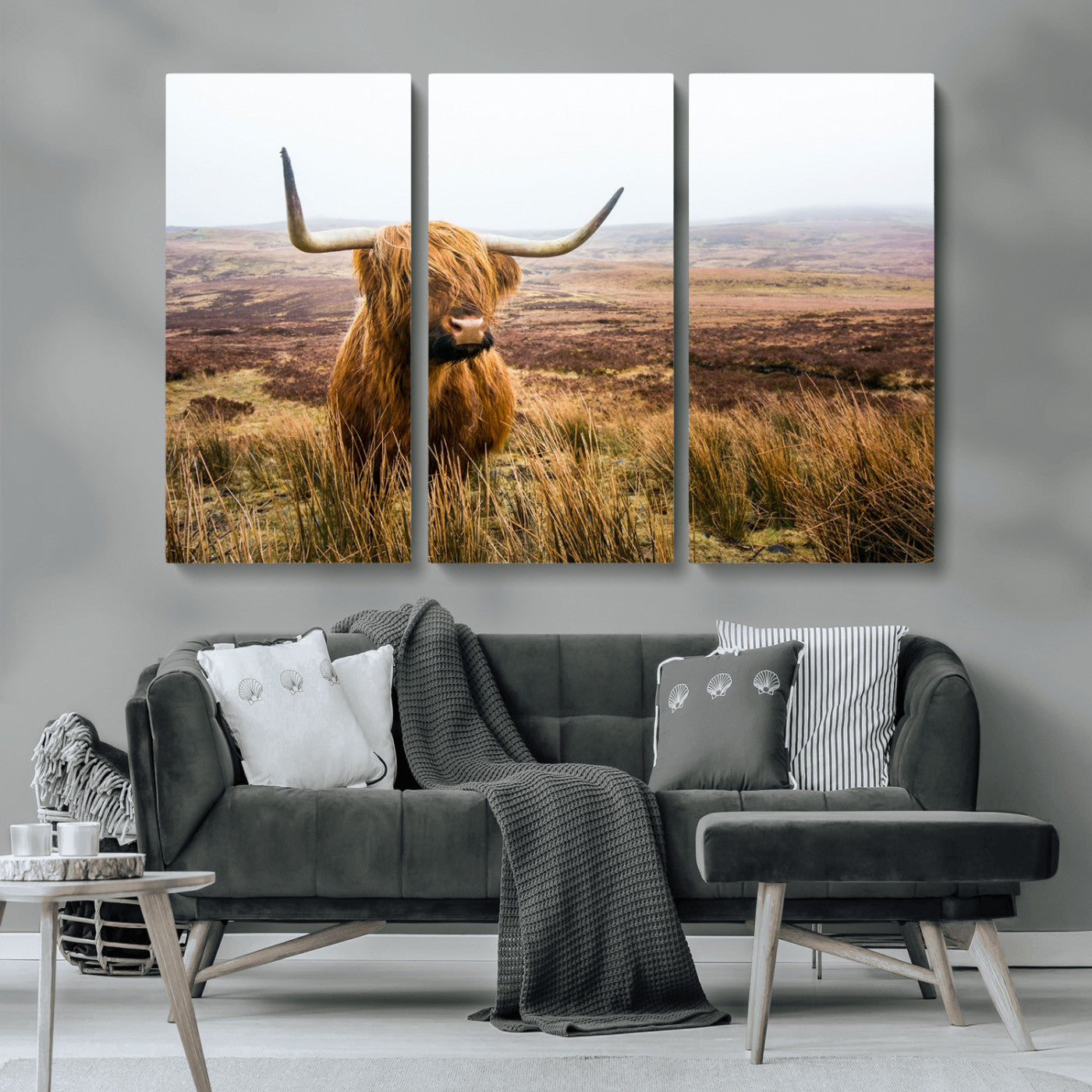 79391-MGV-CV-36X24-Majestic Highland Cow in Misty Scottish Moorland – Rustic Natural Charm, Perfect for Unique Home or Office Decor