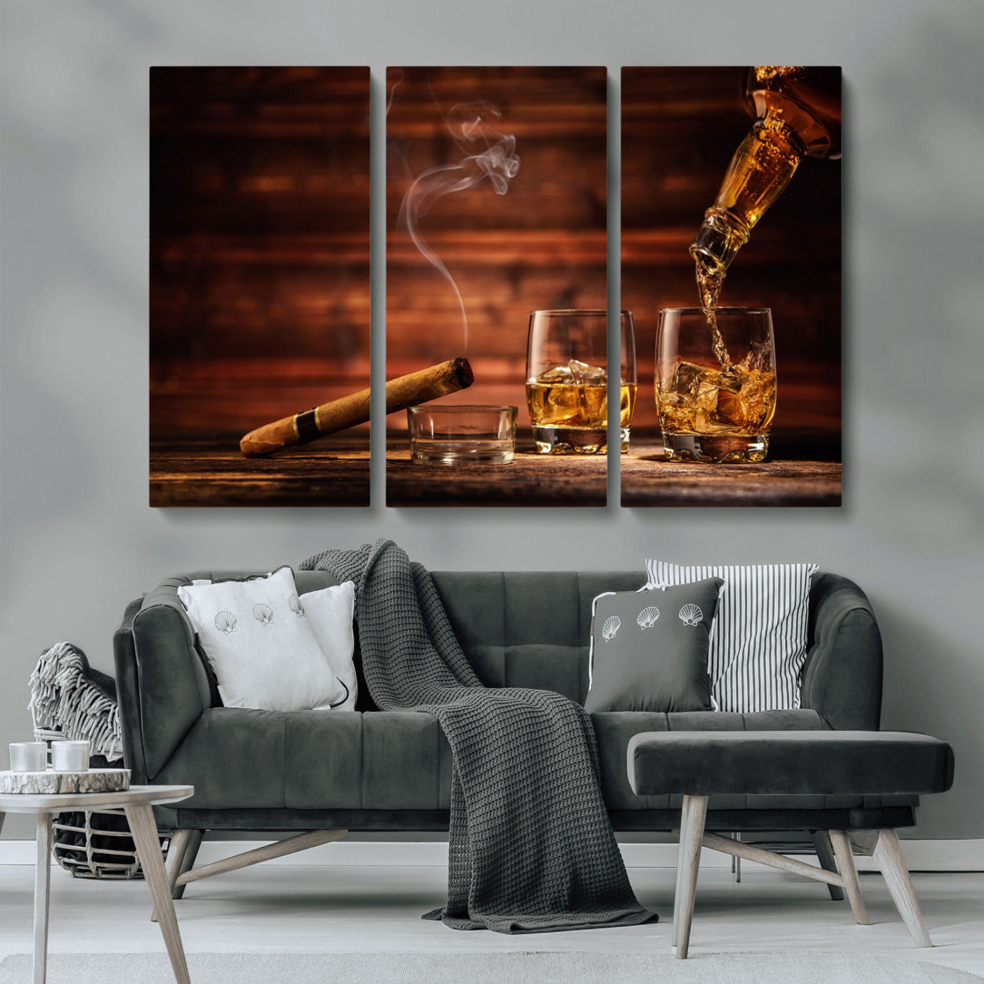 41139-MGV-CV-36X24-Whiskey and Cigar Still Life – Glasses with Ice and Pouring Amber Drink on Wooden Table with Smoke, Elegant Bar or Lounge Wall