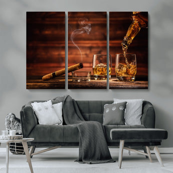 41139-MGV-CV-36X24-Whiskey and Cigar Still Life – Glasses with Ice and Pouring Amber Drink on Wooden Table with Smoke, Elegant Bar or Lounge Wall