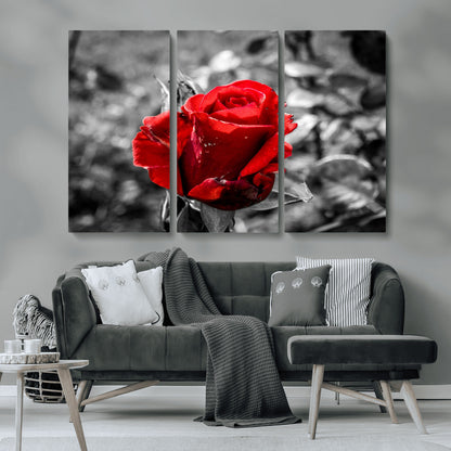 84671-MGV-CV-36X24-Red Rose Wall Art – Vibrant Single Bloom Canvas Print with Black and White Background, Elegant Floral Decor for Living Room,