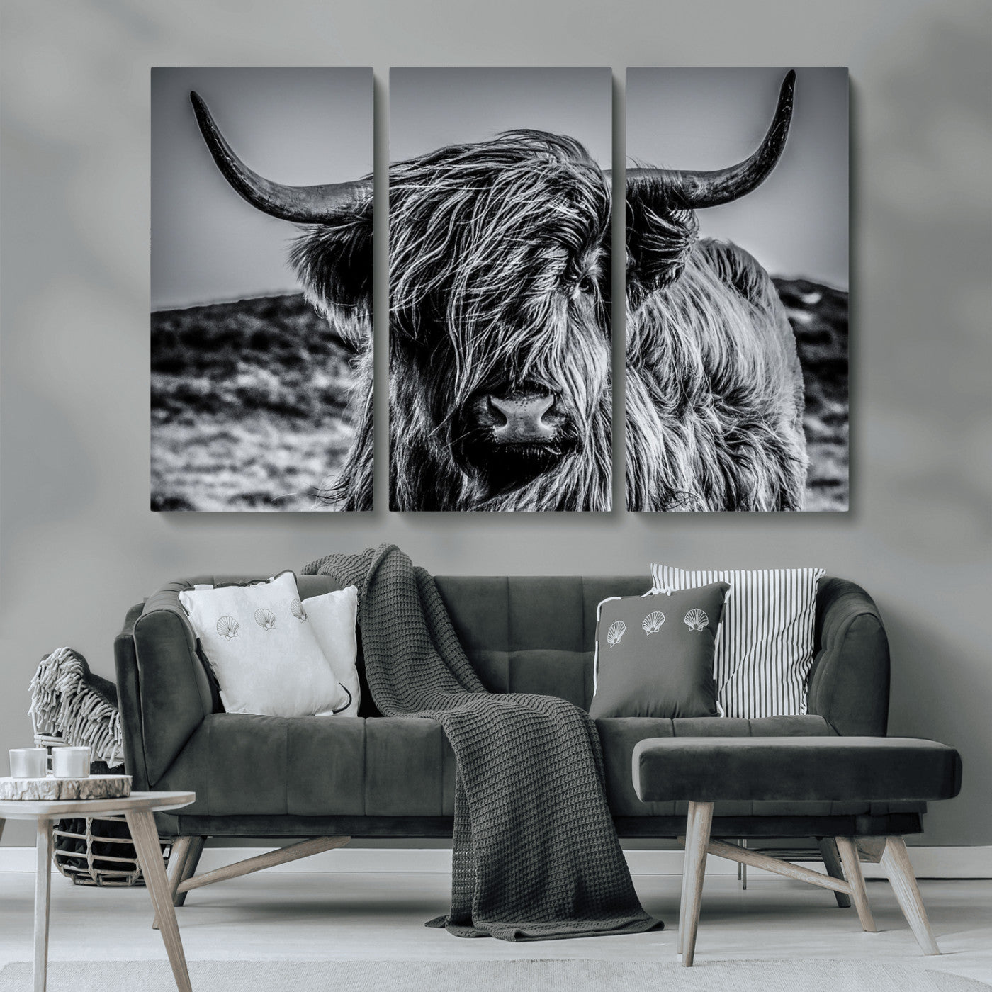 97372-MGV-CV-36X24-Elegant Highland Cow Wall Art – Black and White Canvas Print, Rustic Nature Decor for Home, Office, Living Room or Man Cave