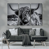 97372-MGV-CV-36X24-Elegant Highland Cow Wall Art – Black and White Canvas Print, Rustic Nature Decor for Home, Office, Living Room or Man Cave