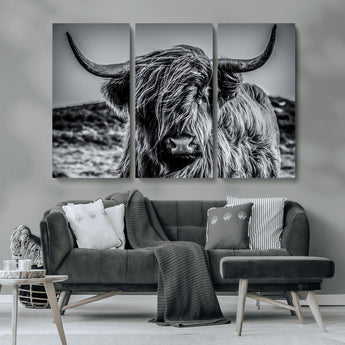 97372-MGV-CV-36X24-Elegant Highland Cow Wall Art – Black and White Canvas Print, Rustic Nature Decor for Home, Office, Living Room or Man Cave