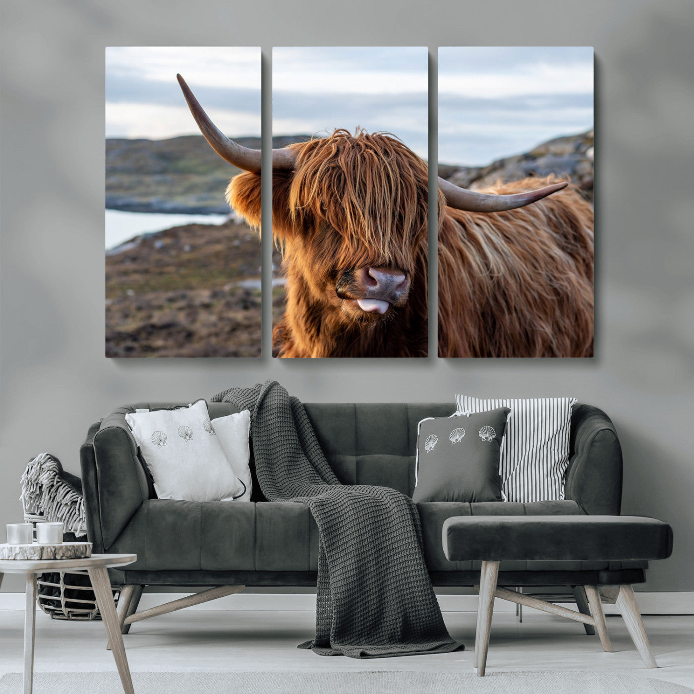 71222-MGV-CV-36X24-A playful Highland cow with shaggy fur sticks out its tongue, set against a rugged landscape — perfect for quirky home or office