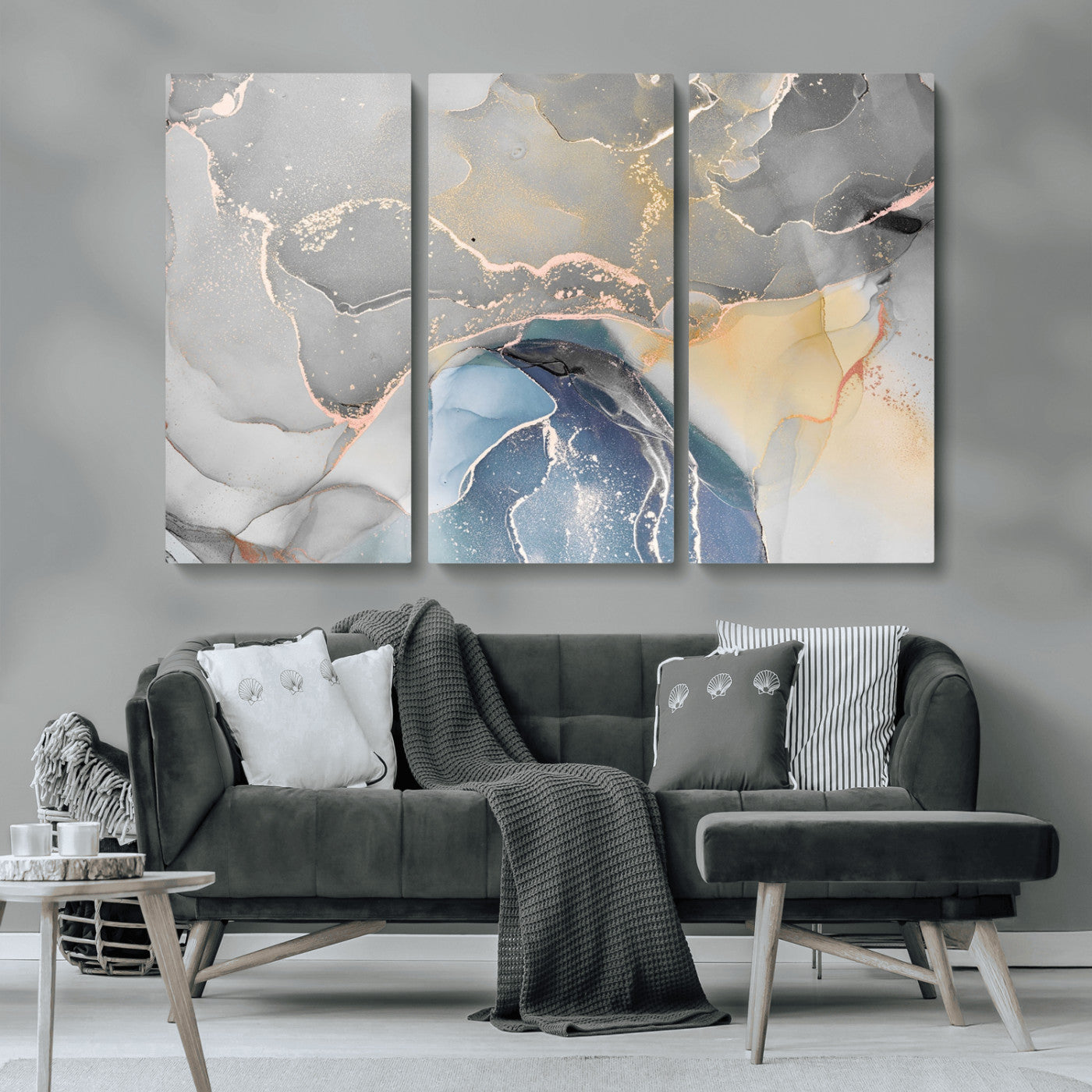 63211-MGV-CV-48X32-3P-Abstract Fluid Art Wall Decor – Blue, Gray & Gold Canvas Print, Modern Home and Office Wall Art Decor for Living Room, Bedroom or